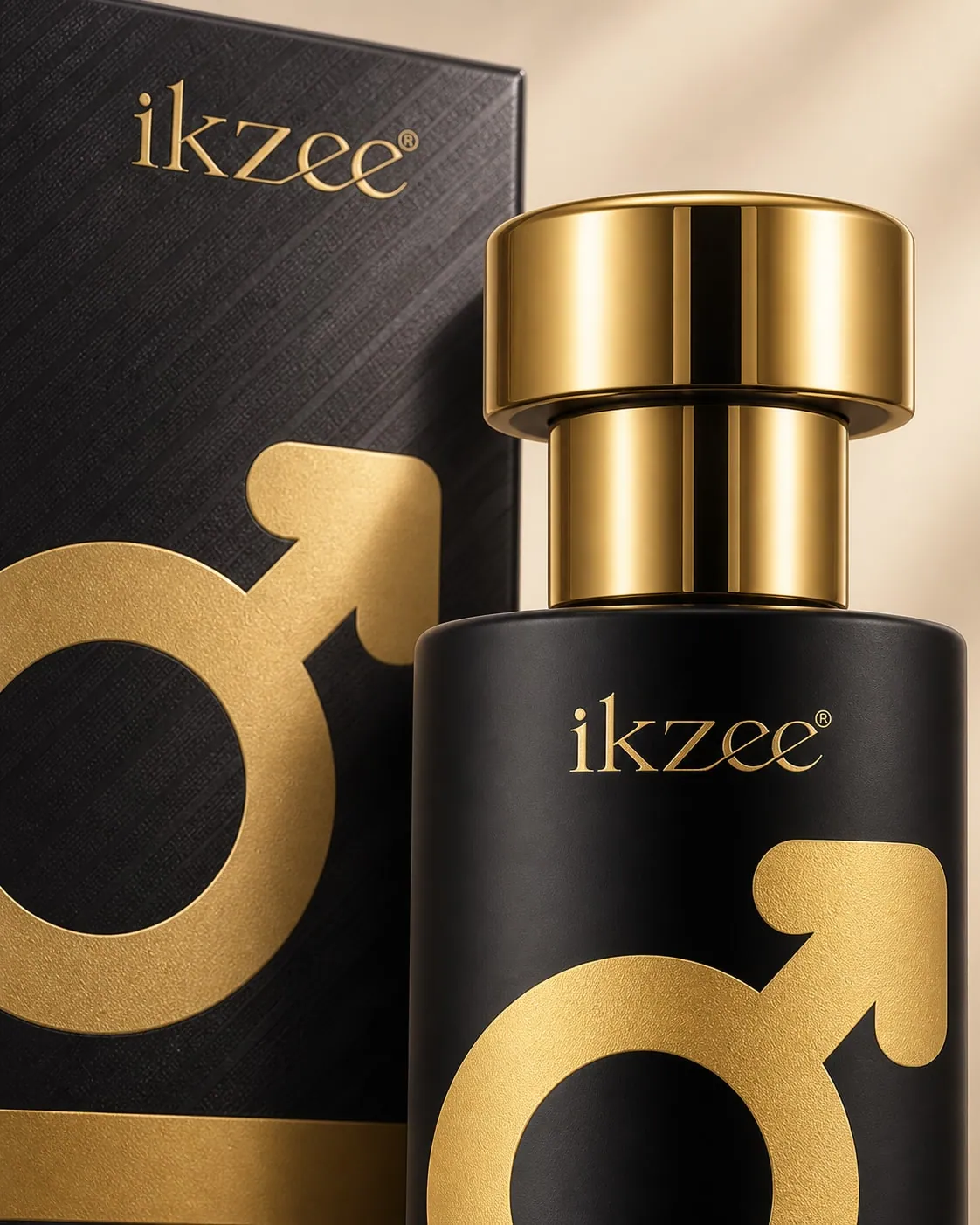 Close view of the IKZEE No.01 gold cap, bottle, and textured box