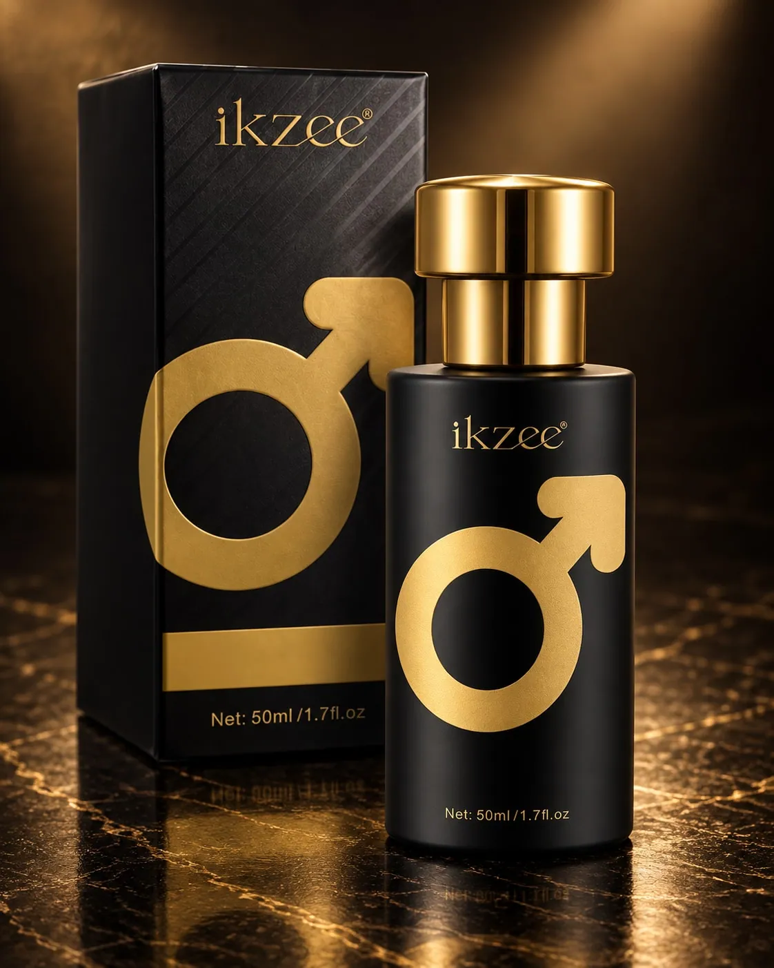 IKZEE No.01 Dark Aura bottle and box on dark stone
