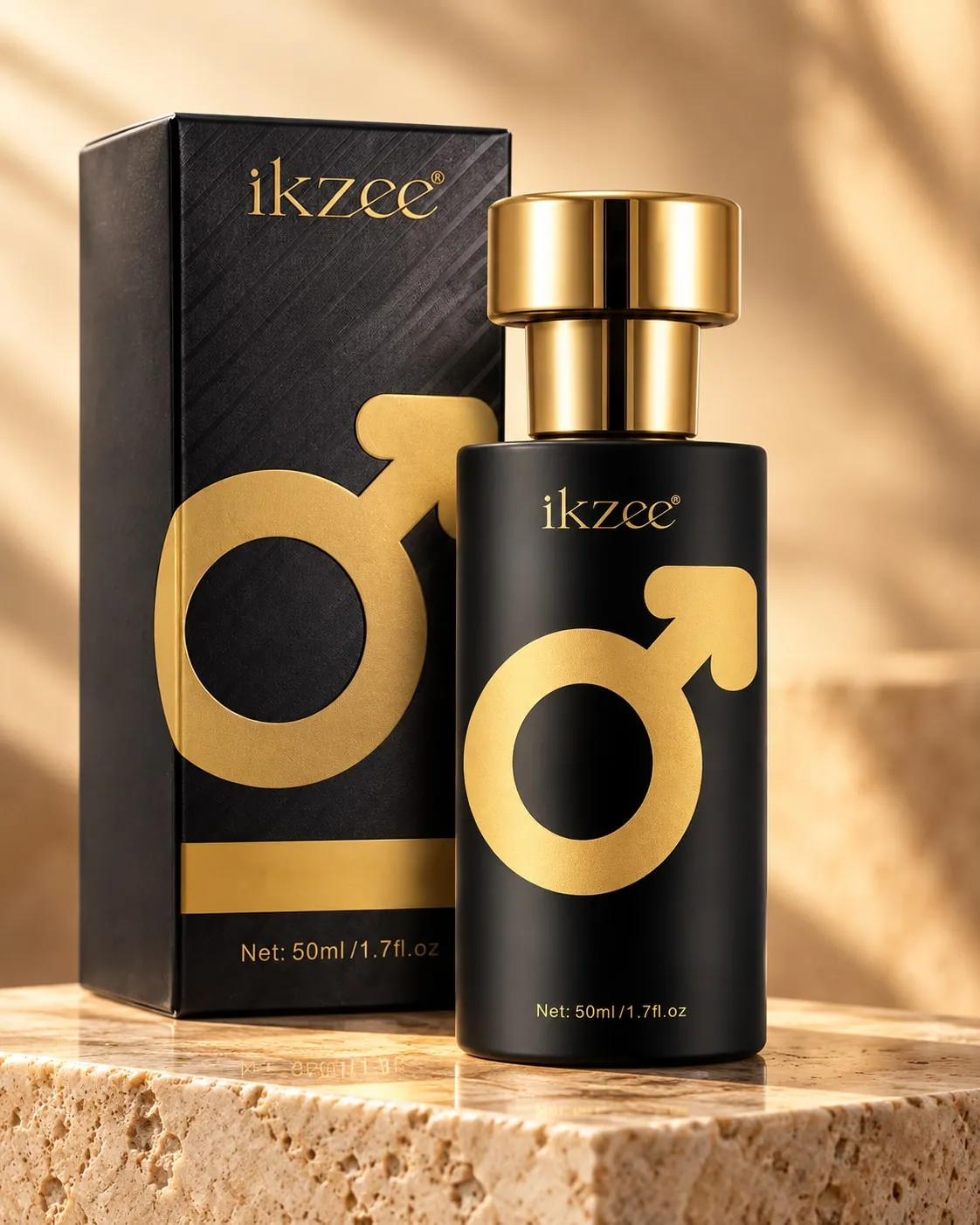 IKZEE No.01 Dark Aura bottle and box in warm studio light