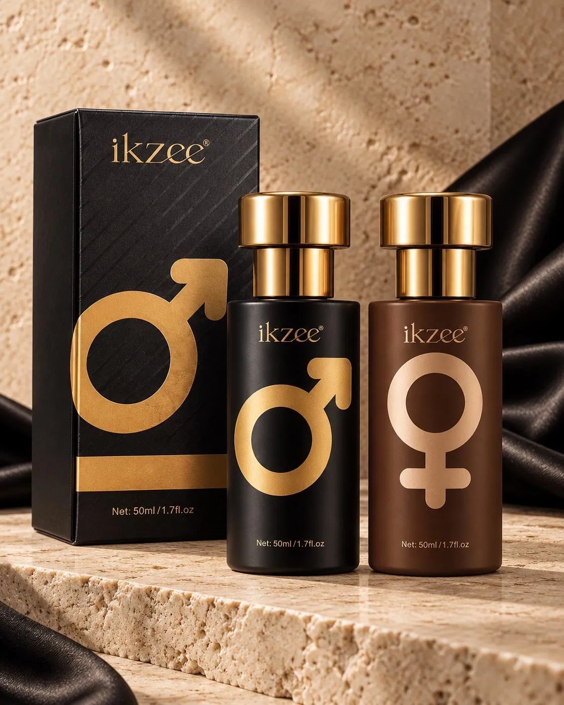 IKZEE Duo Ritual bottles and box in warm studio light