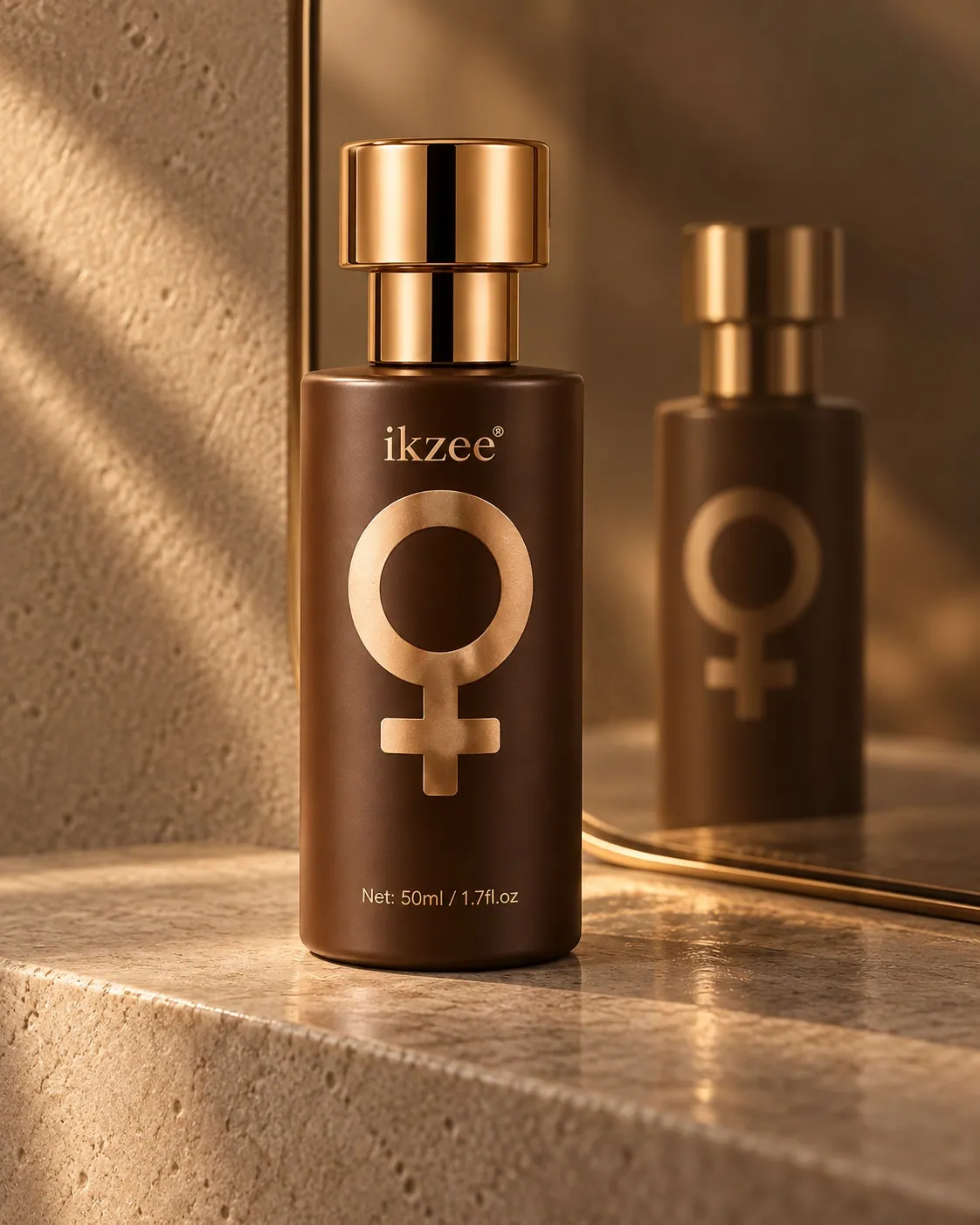 IKZEE No.02 Soft Aura bottle beside a warm smoked mirror